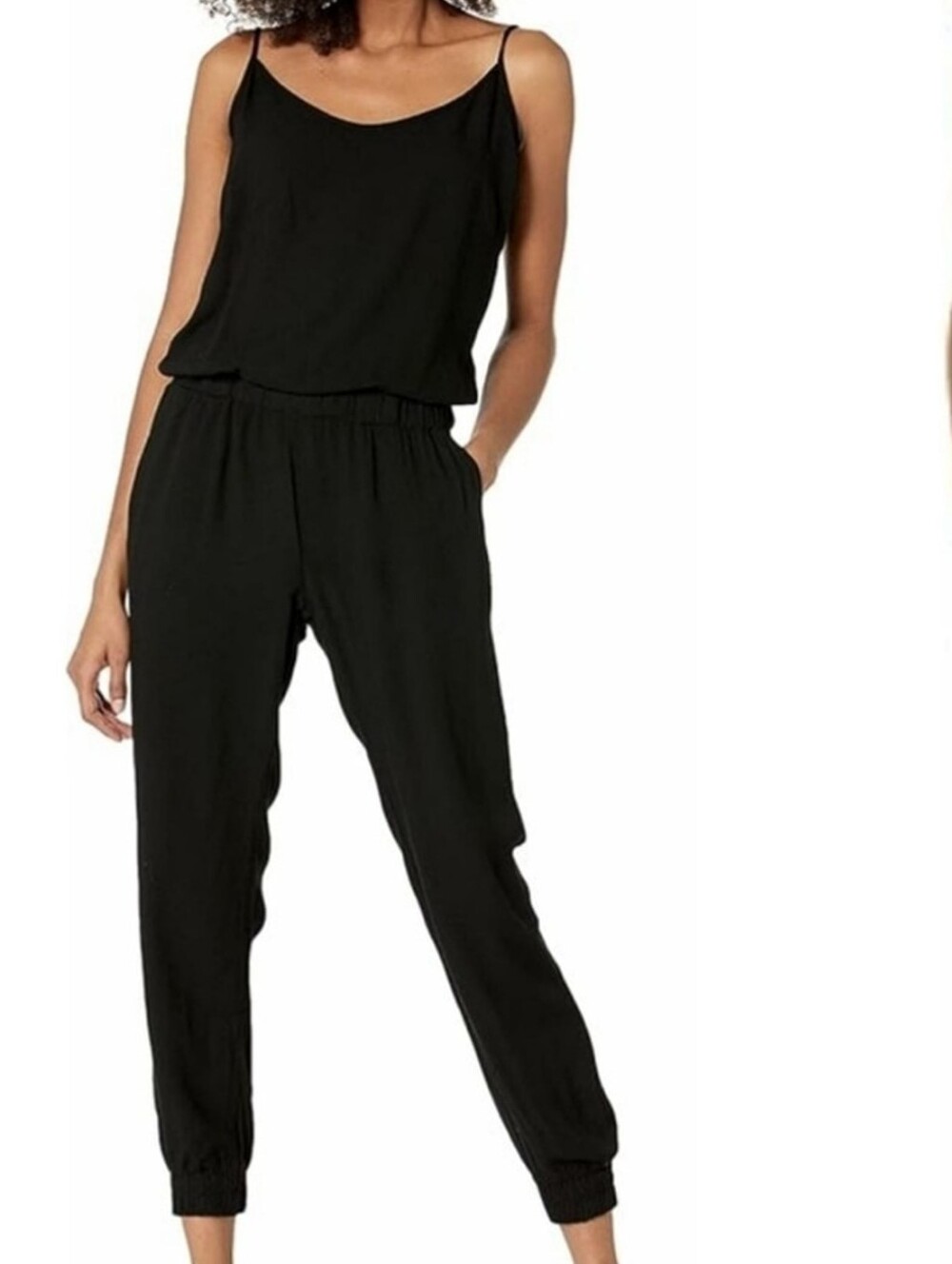 Monrow crepe cami jumpsuit black large elastic cuffs pockets NWT